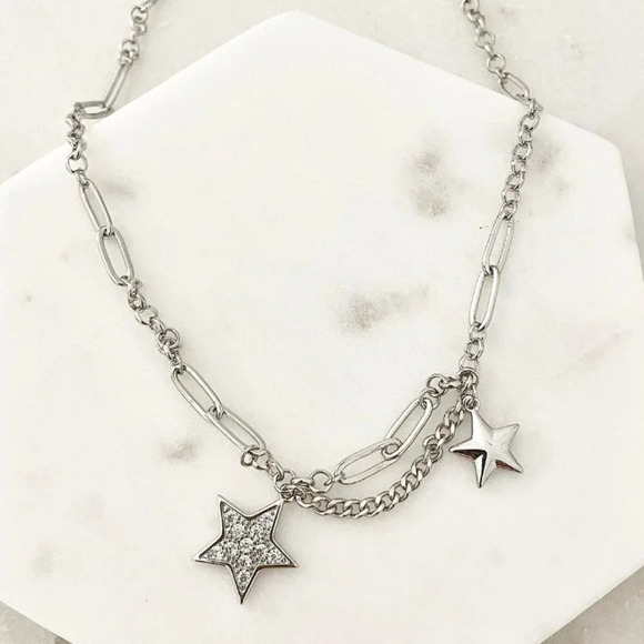 925 Sterling Silver Star Chain Link Necklace Dangle Chain Vintage Necklace - Picture 1 of 7